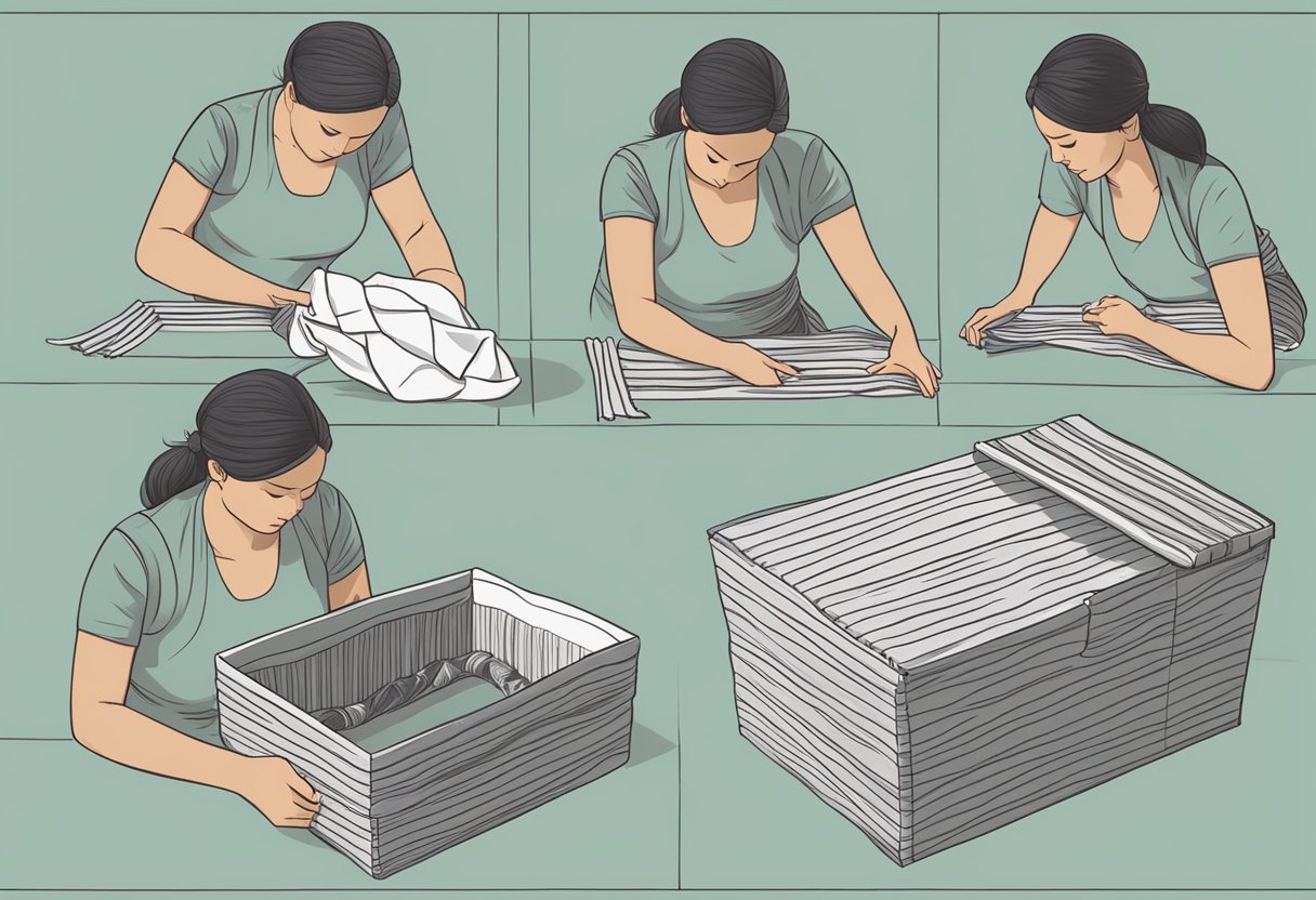 A rebozo being carefully folded and placed into a storage box with other neatly folded rebozos