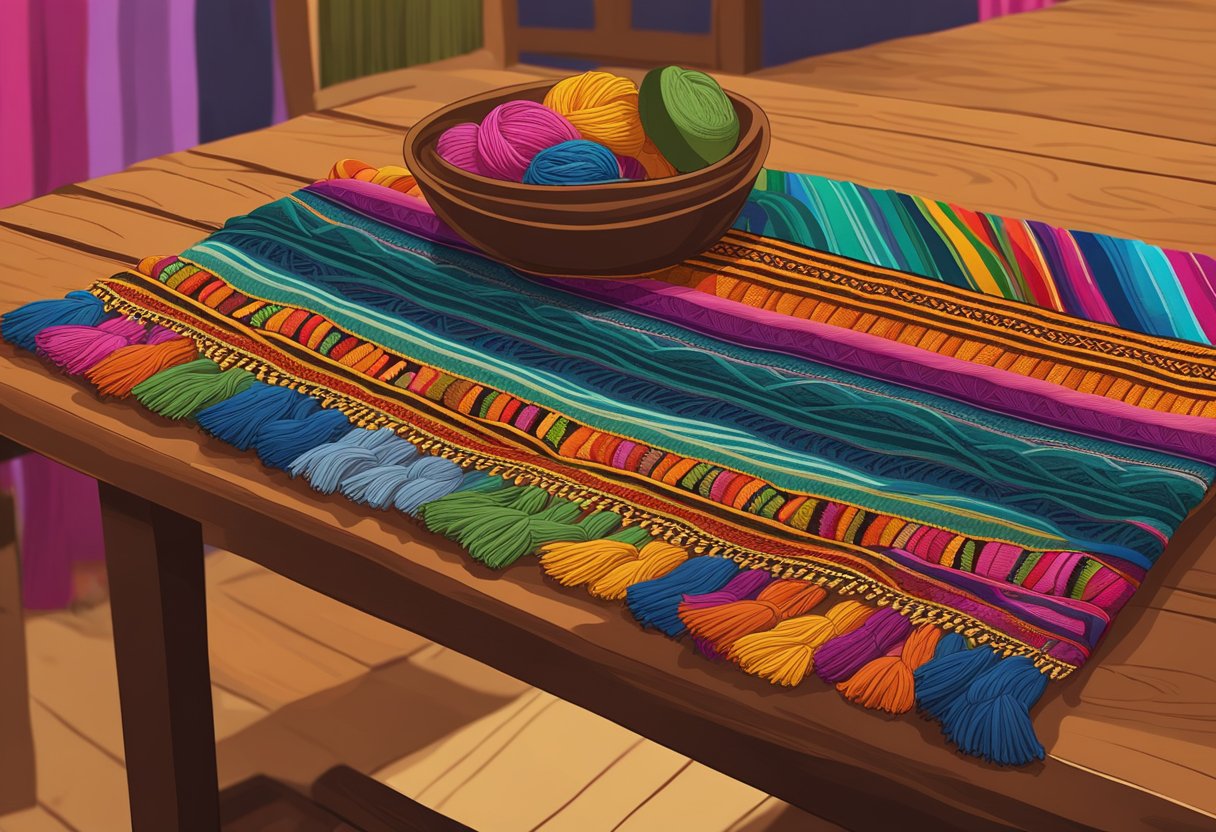 A colorful rebozo embroidery design, featuring intricate patterns and vibrant colors, displayed on a wooden table with traditional Mexican elements in the background