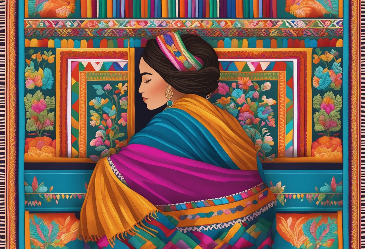 A colorful rebozo embroidery design, featuring intricate patterns and vibrant colors, is displayed against a backdrop of traditional Mexican textiles and cultural symbols