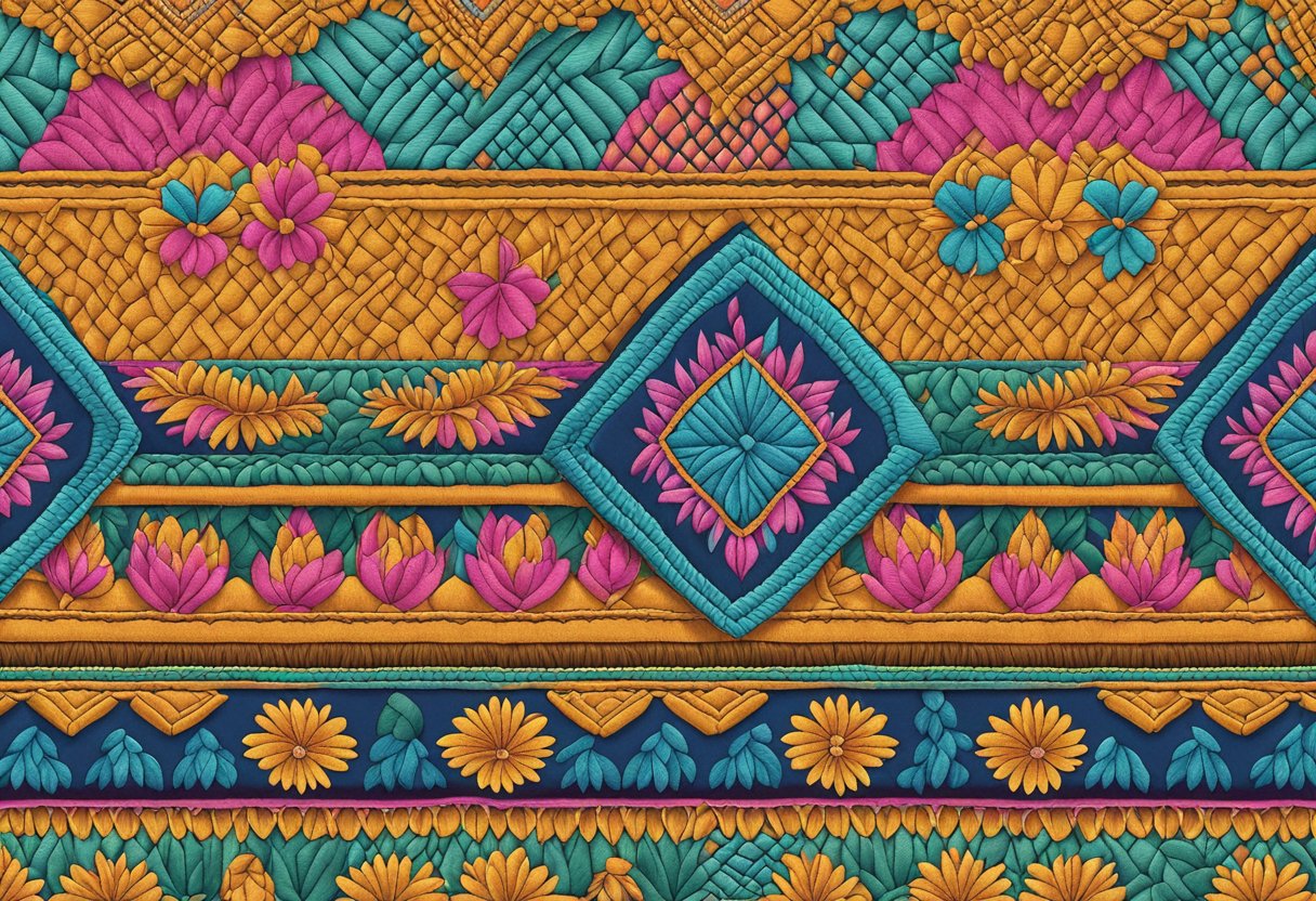 A rebozo embroidery design featuring intricate floral patterns and geometric shapes, with vibrant colors and delicate stitching