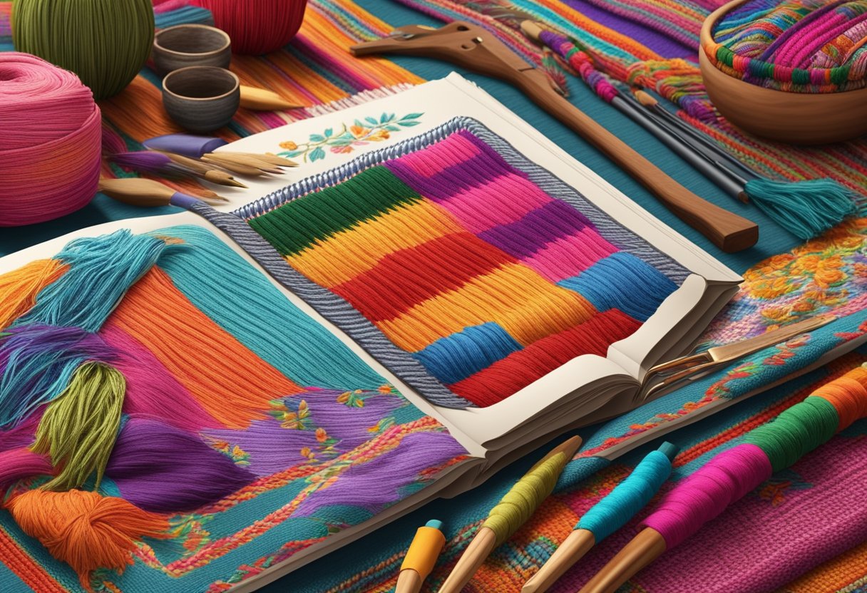 A colorful rebozo embroidery design book surrounded by traditional Mexican textiles and embroidery tools