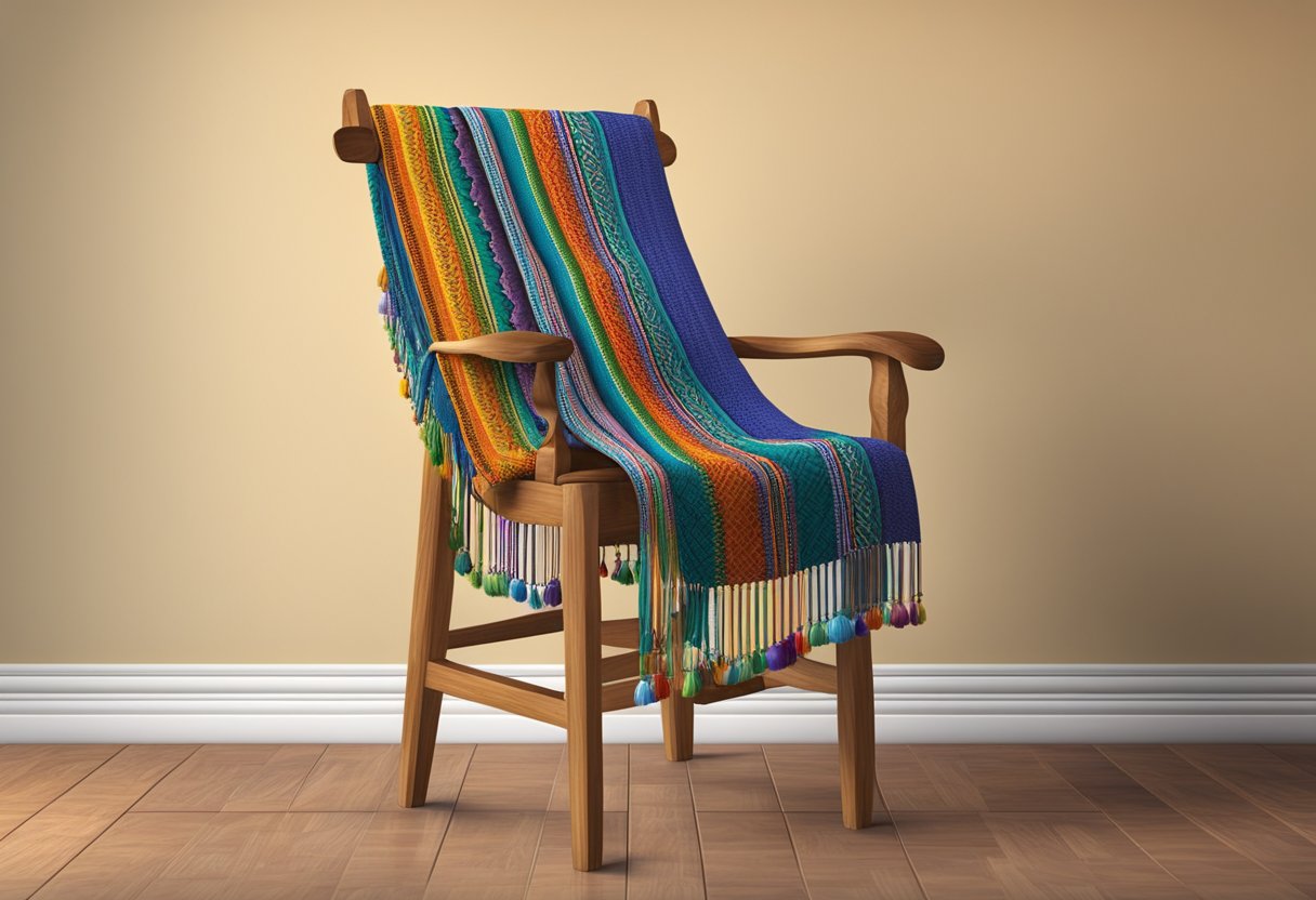 A colorful Mexican rebozo draped over a traditional wooden chair, with vibrant patterns and fringes, symbolizing the history and significance of the cultural garment