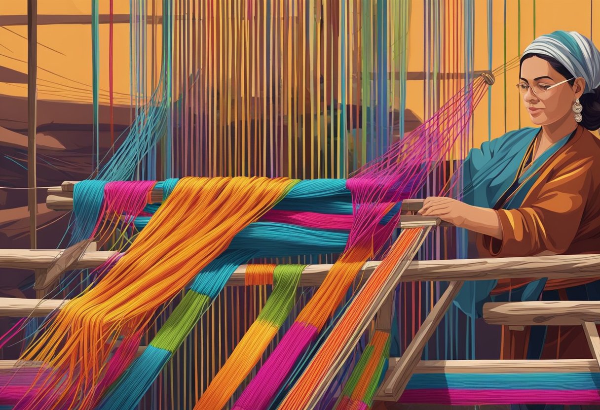 A skilled artisan weaves colorful threads on a traditional loom, creating an intricate pattern for a Mexican rebozo. Brightly colored yarns hang in the background