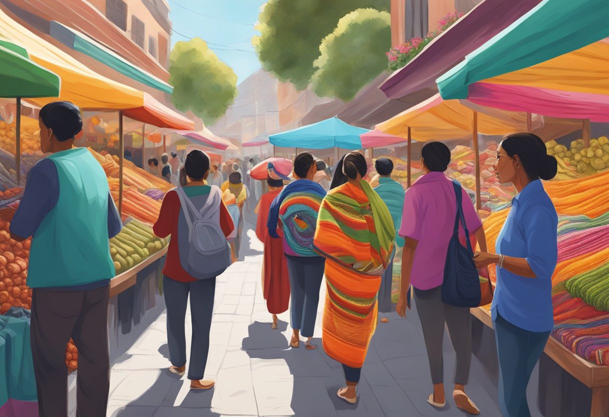 A woman in a vibrant Mexican rebozo walks through a bustling international market, catching the attention of curious onlookers