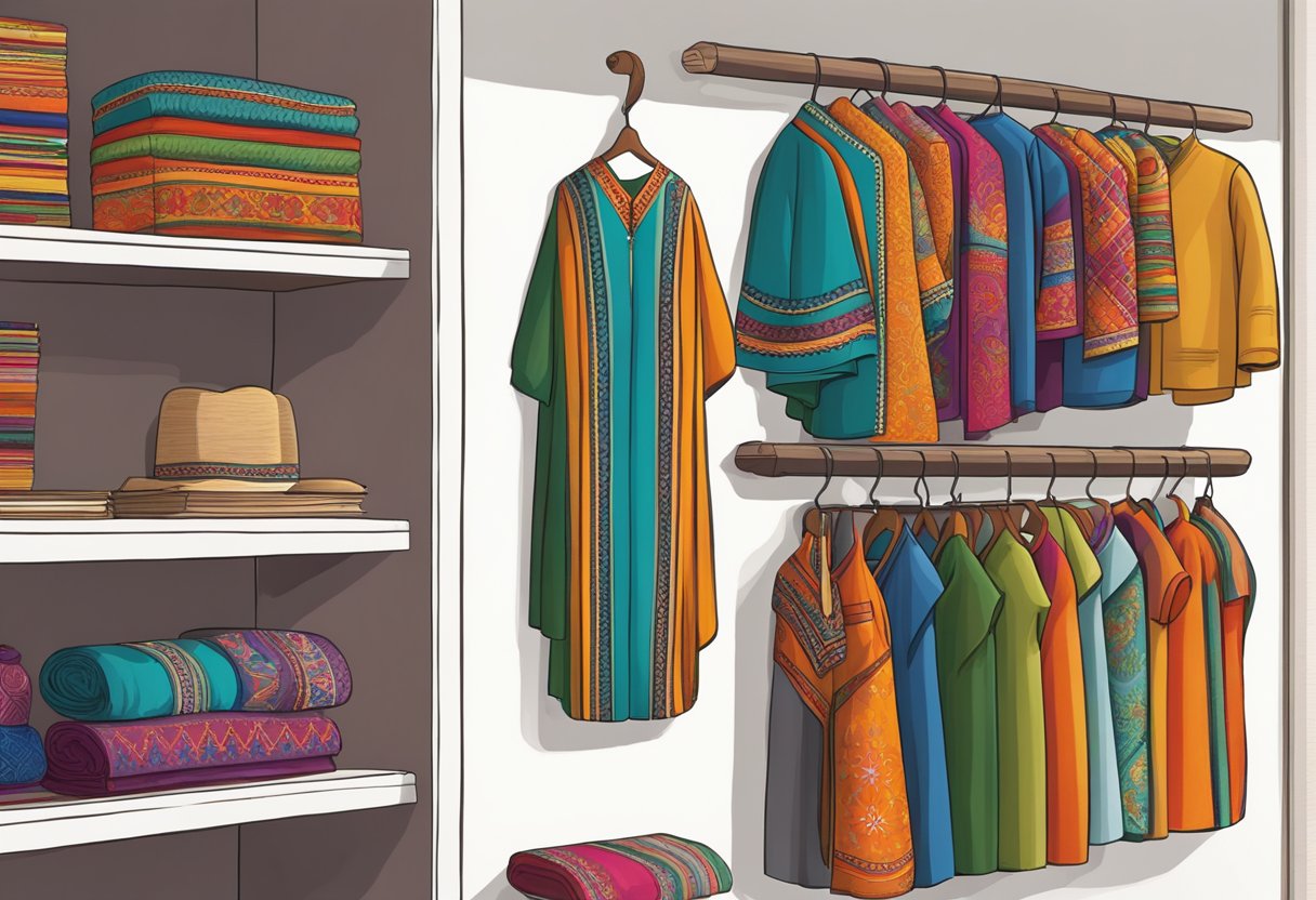 A collection of vibrant rebozos hangs neatly on a display rack, showcasing various patterns and colors. A bookshelf nearby holds reference books on the history and significance of these traditional Mexican garments