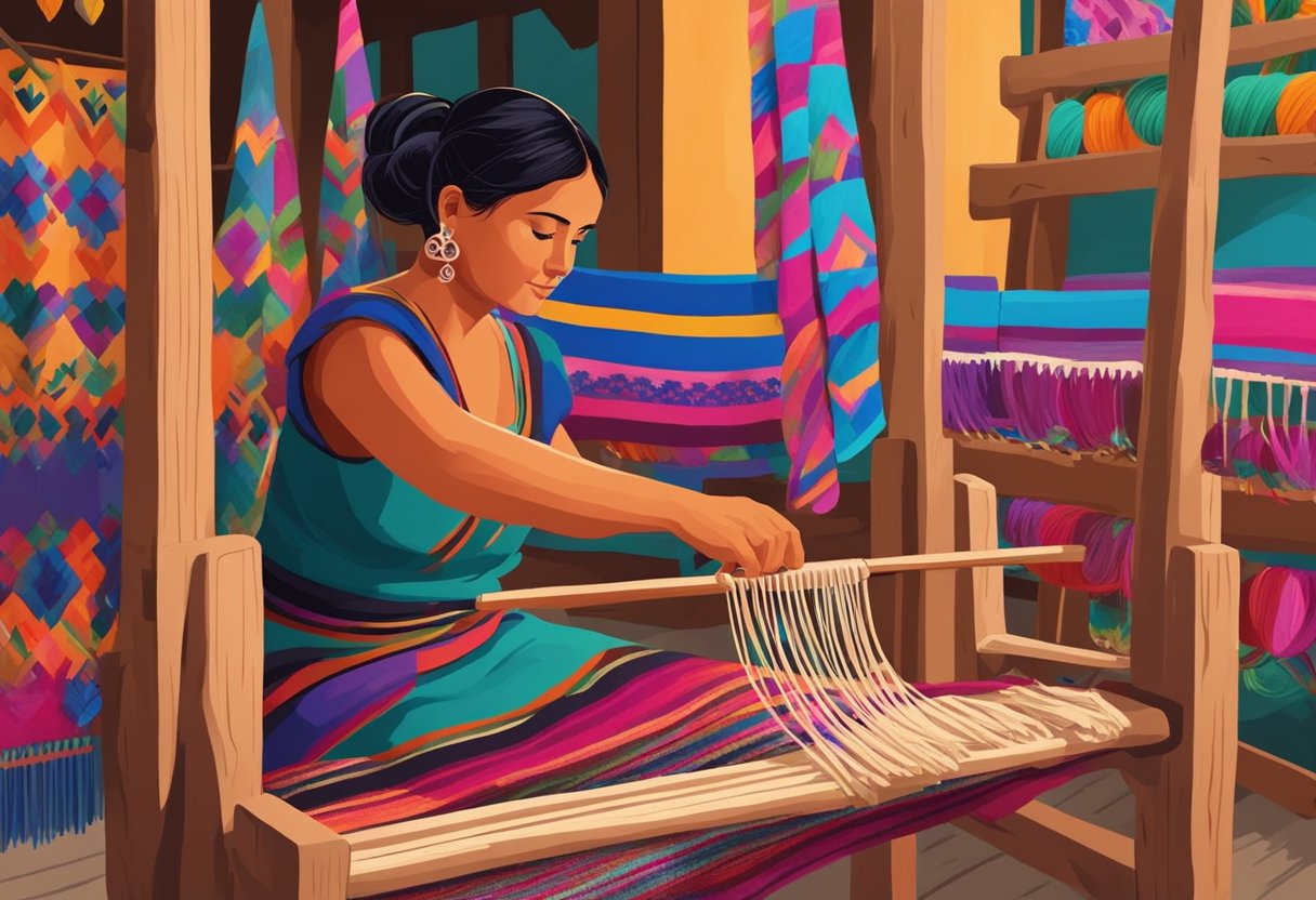 A woman weaves vibrant rebozos on a wooden loom in a rustic Mexican village, surrounded by colorful yarn and traditional patterns