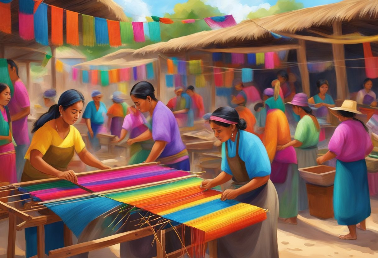 Vibrant rebozos being woven on traditional looms in a rural Mexican village, surrounded by colorful textiles and bustling market activity