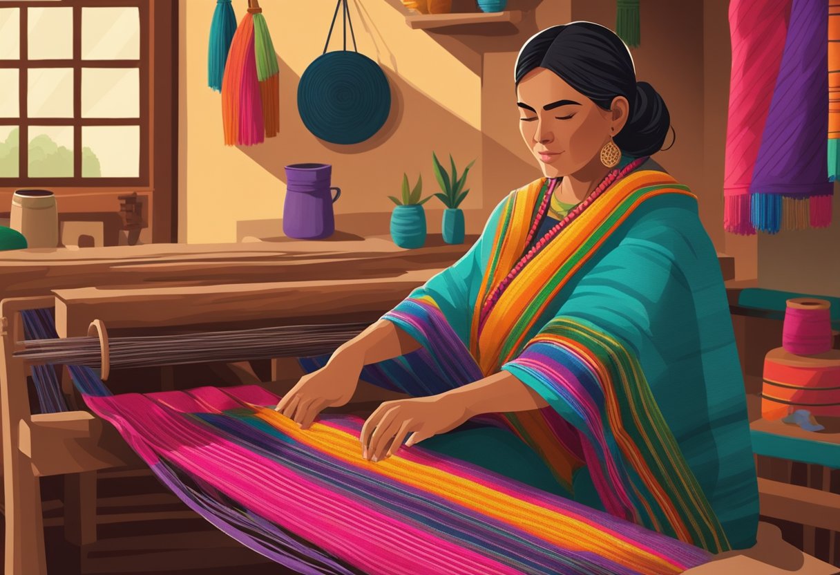 A rural Mexican woman weaves a colorful rebozo on a wooden loom in her humble home, surrounded by vibrant yarn and traditional patterns