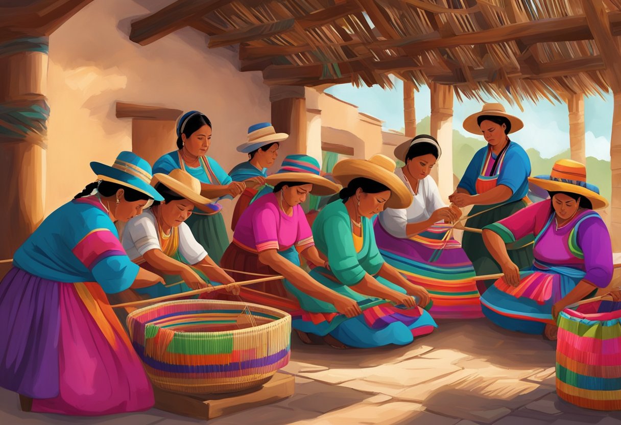 A group of artisans weaving colorful rebozos in a rural Mexican village, surrounded by vibrant textiles and traditional crafts