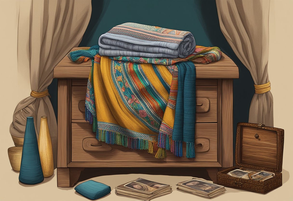 A rebozo draped over a wooden chest, surrounded by family photos and trinkets, symbolizing generations of tradition and love