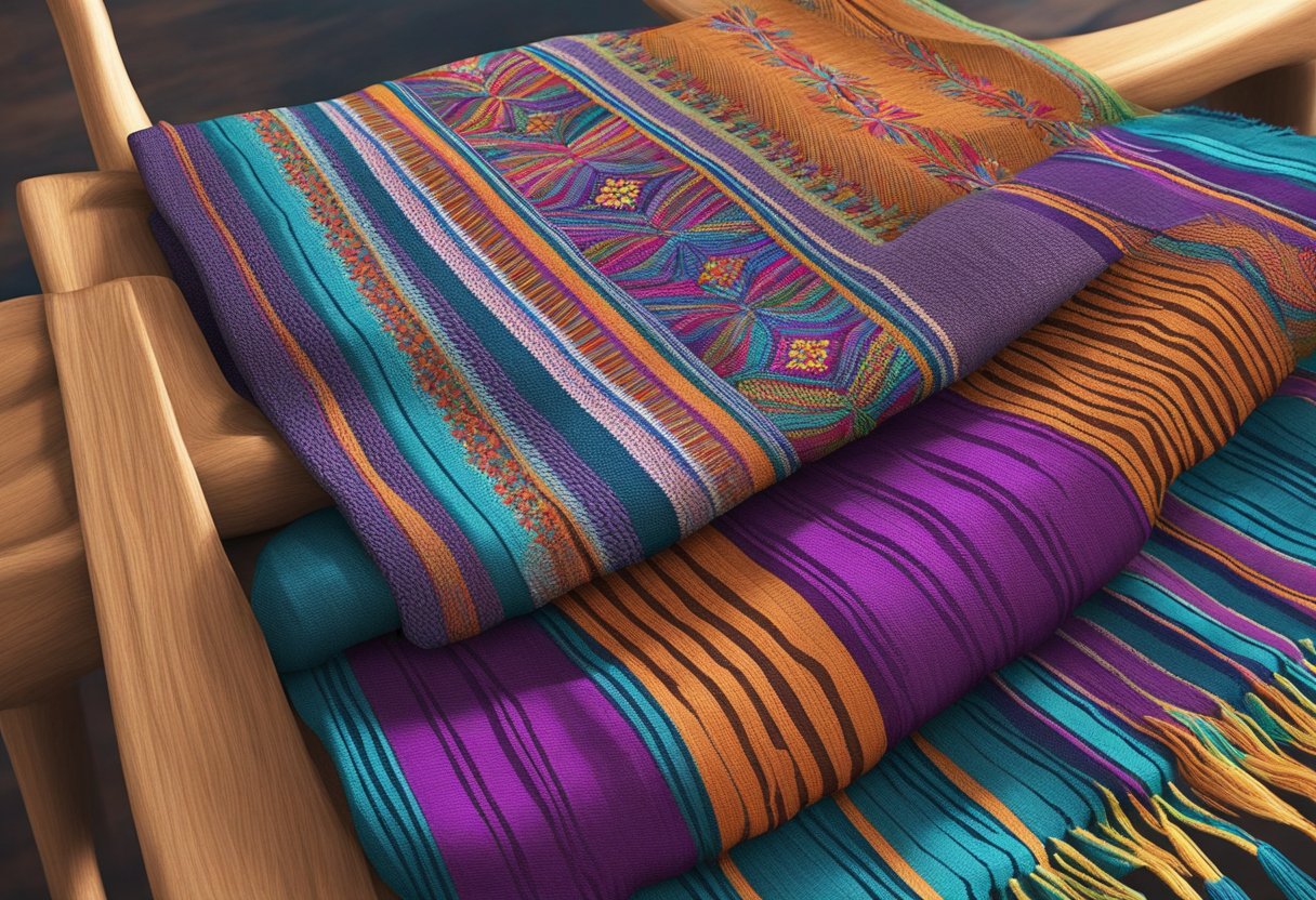 A rebozo is delicately woven on a wooden loom, showcasing intricate patterns and vibrant colors. It is being handed down from one generation to the next, symbolizing the cherished tradition of craftsmanship and heritage