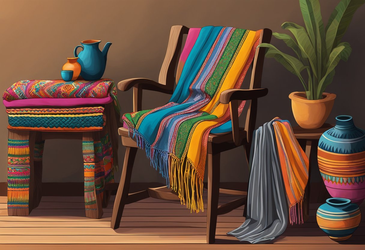 A colorful rebozo draped over a wooden chair, surrounded by traditional Mexican pottery and textiles