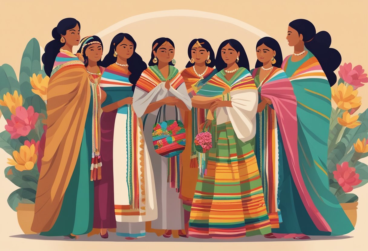 A group of women wearing traditional Mexican clothing gather around a central figure holding a rebozo, symbolizing the cultural and social identity of Mexico