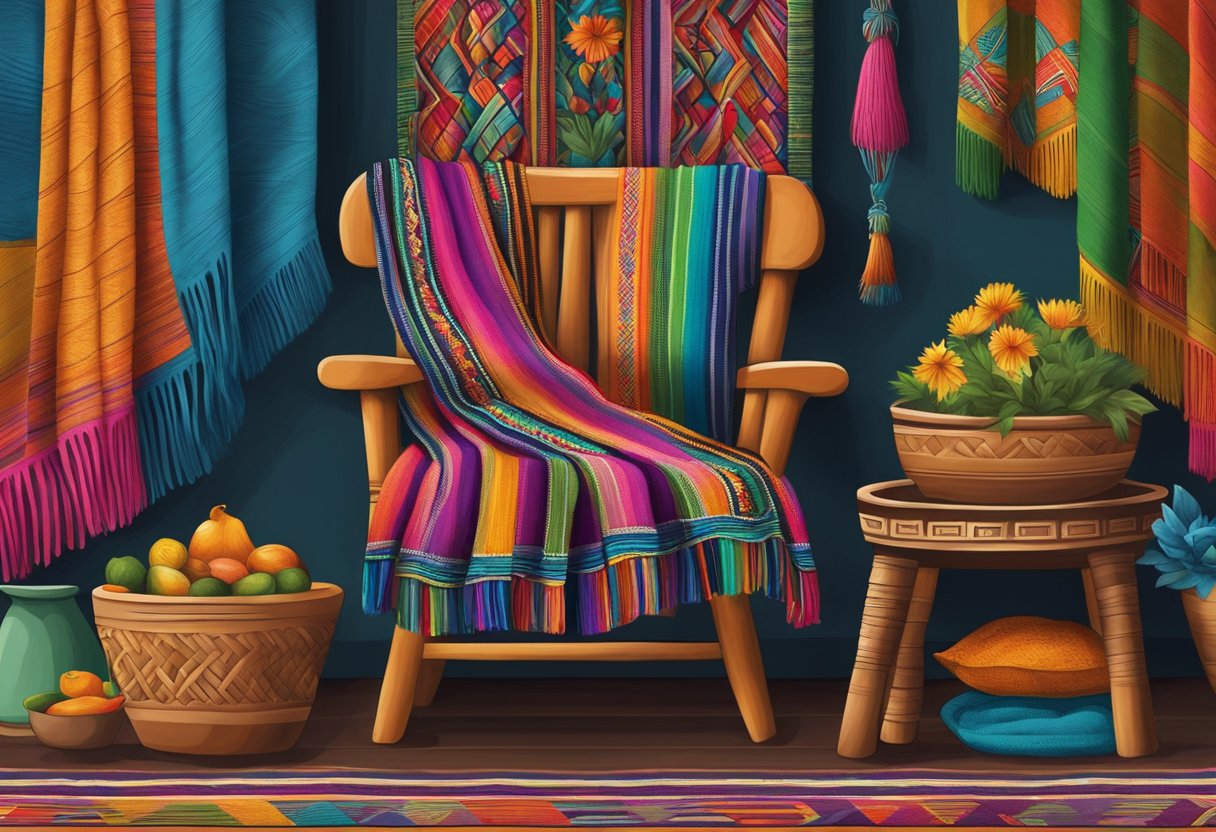 A colorful rebozo draped over a traditional Mexican chair, surrounded by vibrant textiles and pottery, symbolizing the rich social and cultural identity of Mexico