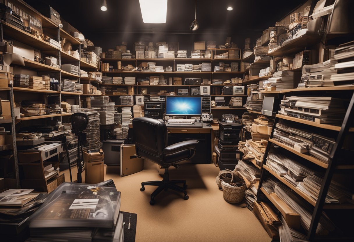 A cluttered film studio with posters of Madea movies, shelves of props, and a director's chair