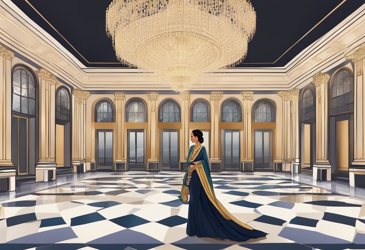 A woman in a rebozo walks through a grand ballroom, with elegant chandeliers and polished marble floors, showcasing the versatility of rebozo fashion for formal events