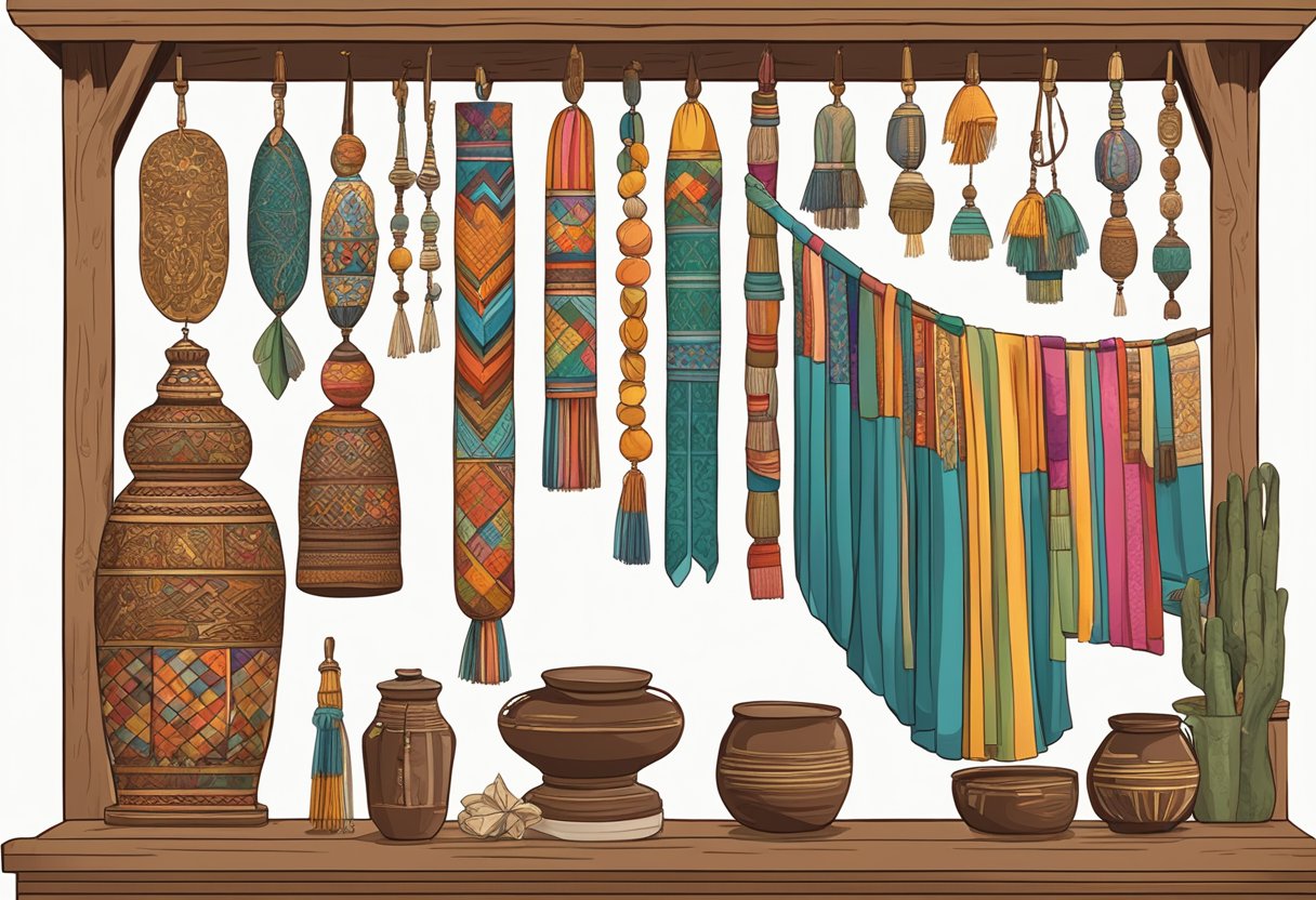 A display of colorful rebozos arranged on a traditional wooden rack, surrounded by historical artifacts and textiles