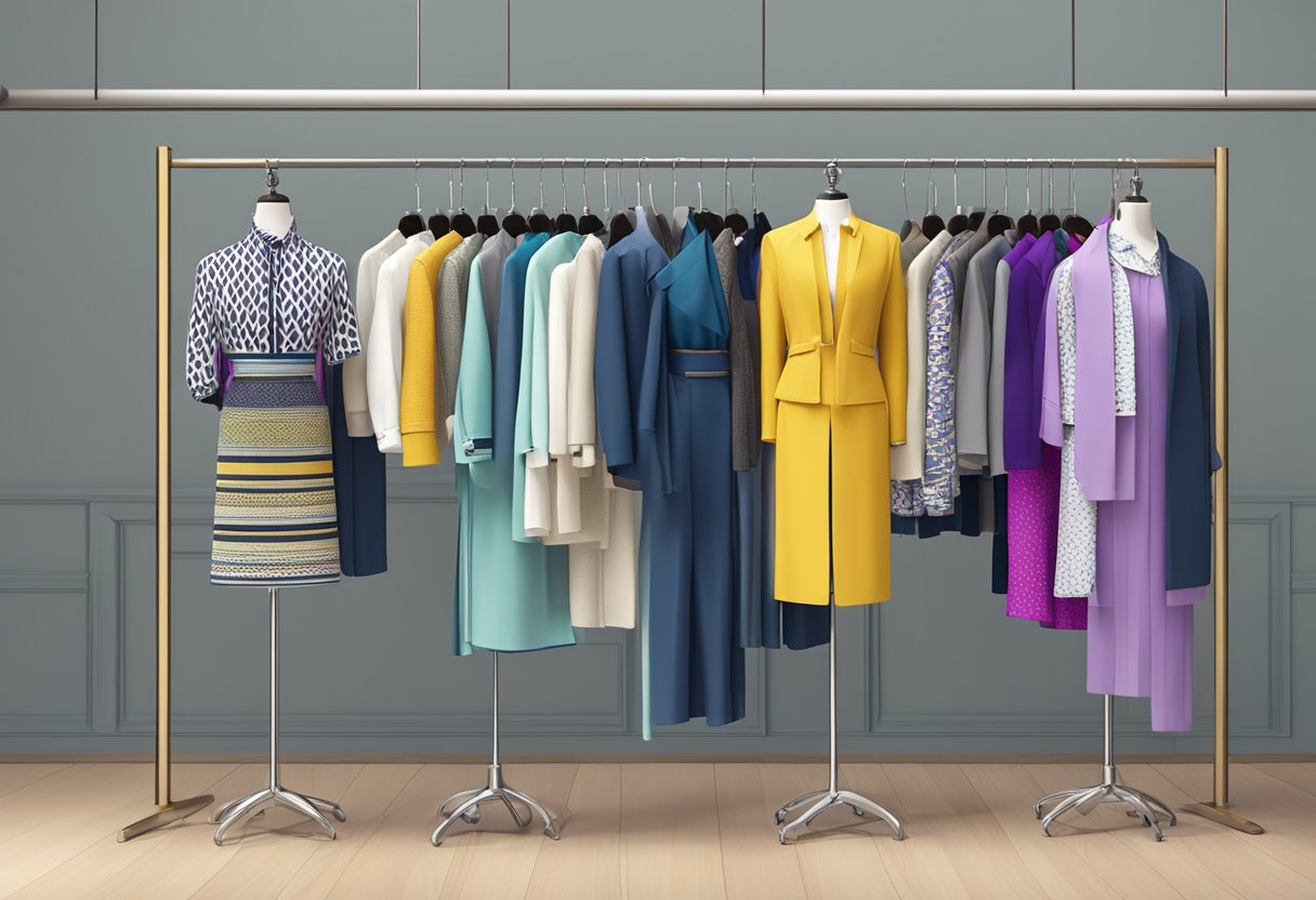 A stylish display of rebozos in various colors and patterns, arranged on mannequins and hangers, with a mix of formal and casual outfits in the background