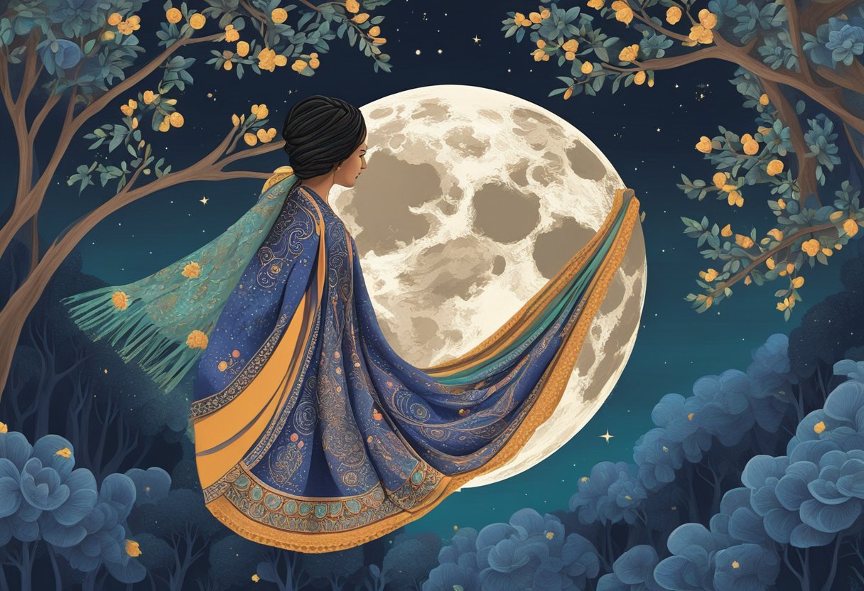 A rebozo hangs from a tree branch, surrounded by swirling patterns and symbols. The moon shines brightly in the night sky, casting an ethereal glow on the traditional Mexican garment