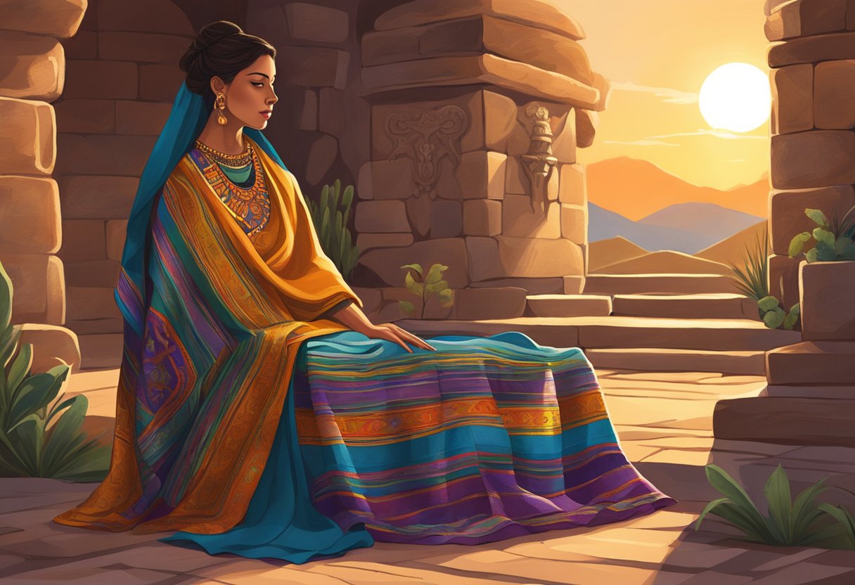 A colorful rebozo drapes over a stone altar, surrounded by ancient ruins and mystical symbols. The setting sun casts a warm glow, adding to the mysterious allure of the traditional Mexican garment