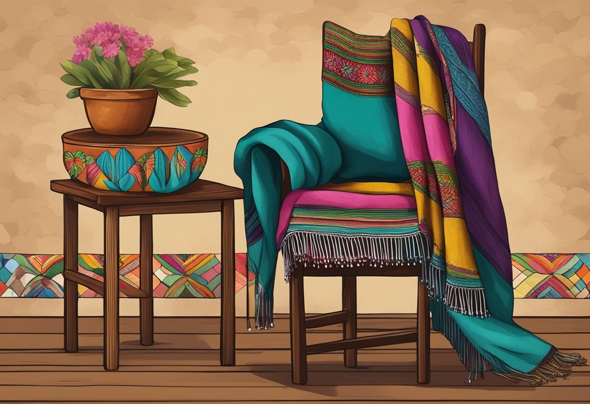 A colorful rebozo is draped over a rustic wooden chair, surrounded by traditional Mexican pottery and folklore-inspired imagery