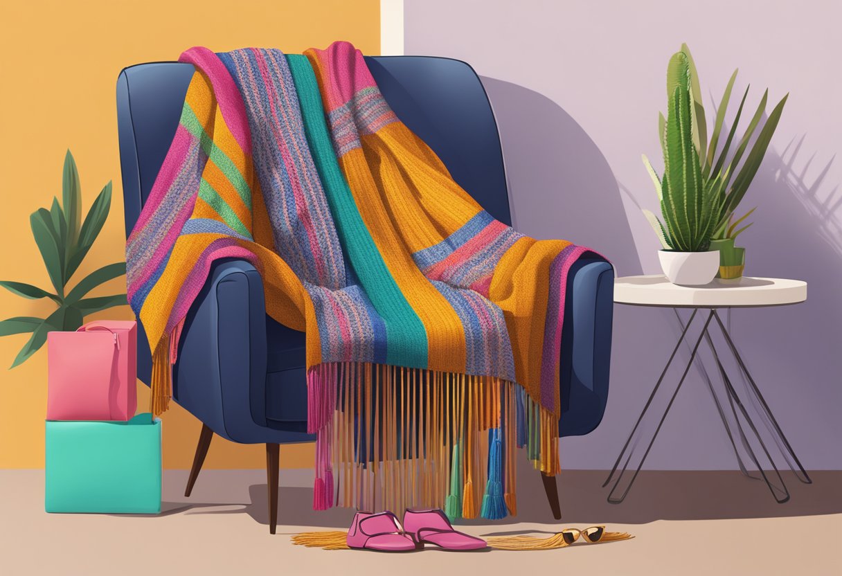 A colorful rebozo draped over a modern chair, paired with stylish accessories like sunglasses and a handbag