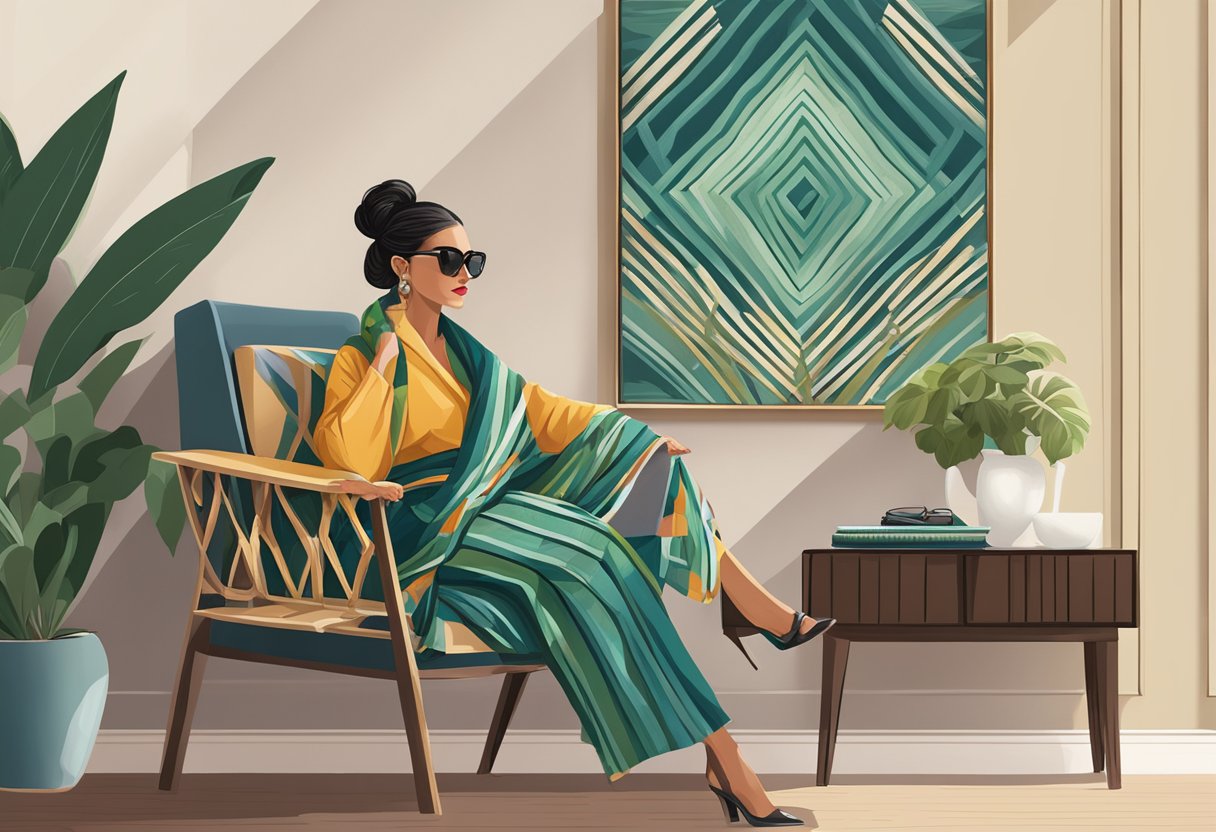 A woman's rebozo draped over a modern chair, paired with a sleek handbag and stylish sunglasses, set against a backdrop of contemporary decor