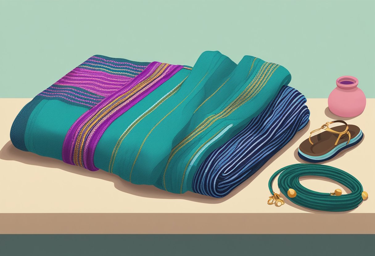 A modern rebozo paired with accessories on a clean, minimalist background