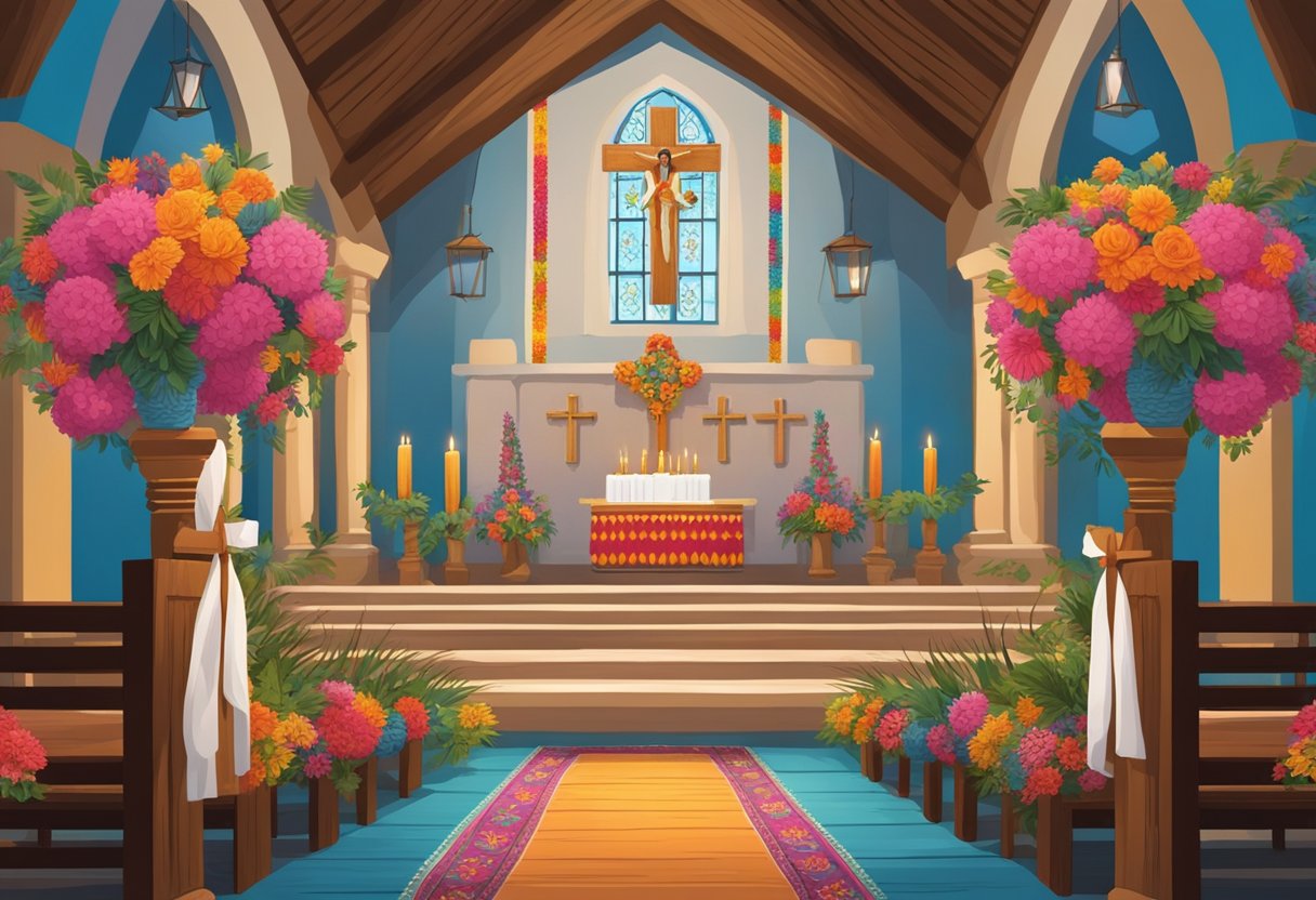 A rebozo hangs draped over a rustic wooden cross, adorned with vibrant flowers and candles, set against the backdrop of a traditional Mexican church interior