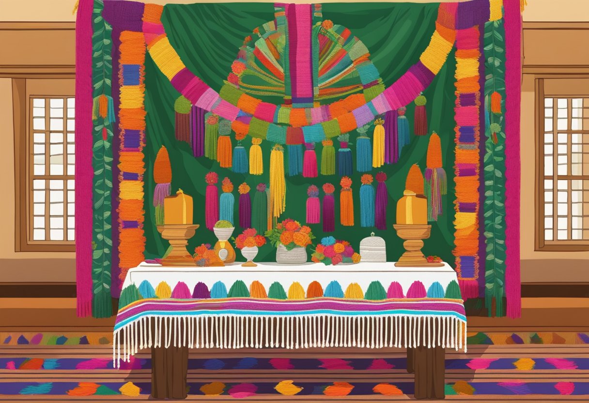 A rebozo draped over an altar, adorned with colorful embroidery and tassels, symbolizing the cultural and religious significance in Mexican ceremonies