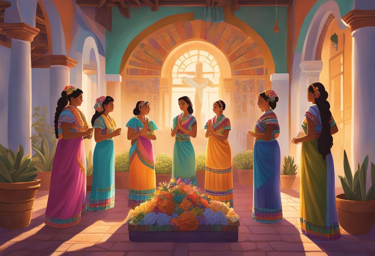 A group of women in traditional Mexican attire gather around an altar, draping colorful rebozos over religious statues and symbols. The sunlight streams in through the windows, casting a warm glow over the scene