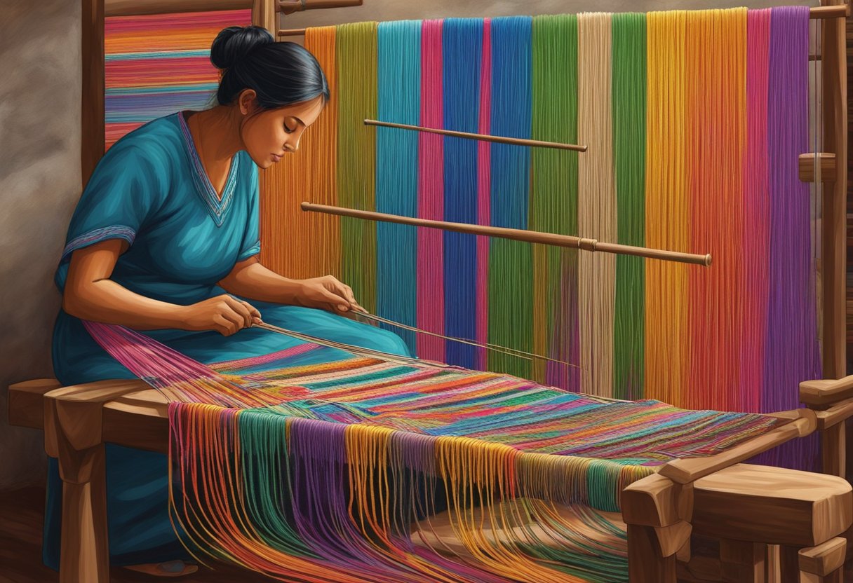 A weaver sits at a wooden loom, skillfully intertwining colorful threads to create the intricate pattern of a traditional Rebozo shawl. The loom is surrounded by spools of vibrant yarn and the finished shawls hang nearby