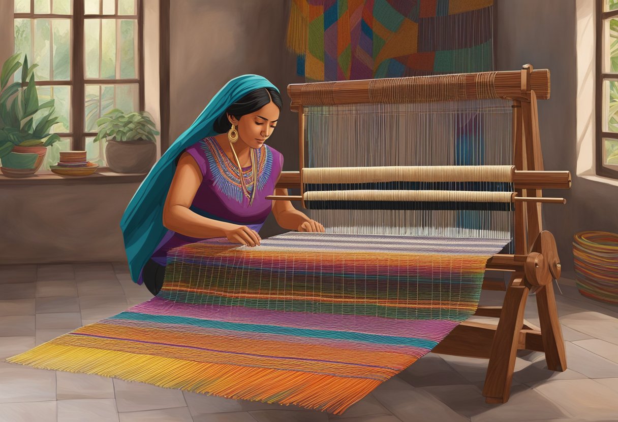 A weaver sits at a wooden loom, skillfully interlacing colorful threads to create a traditional rebozo. The rhythmic clacking of the loom fills the air as the intricate pattern slowly takes shape