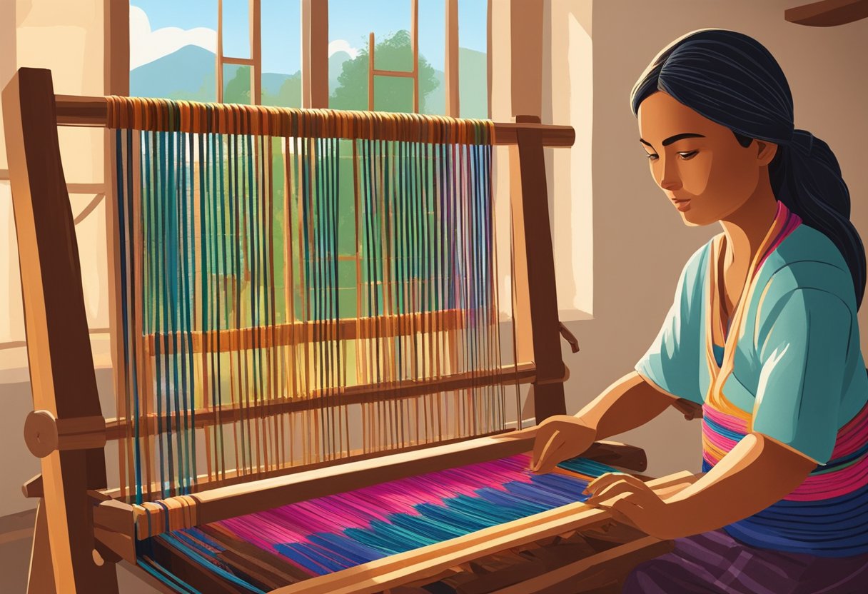 A weaver sits at a wooden loom, skillfully interlacing colorful threads to create a traditional rebozo fabric. The sunlight filters through the open window, casting a warm glow on the intricate pattern taking shape