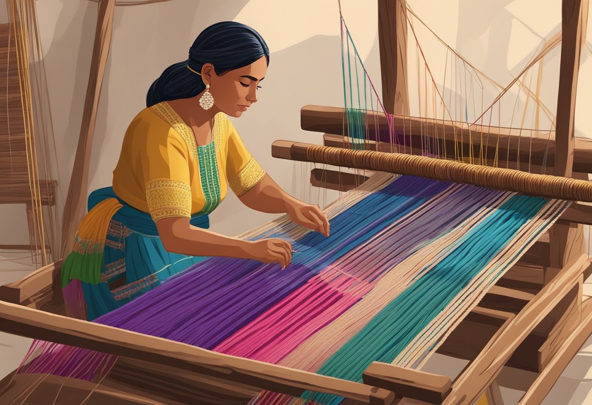 A weaver sits at a wooden loom, carefully interlacing colorful threads to create the intricate pattern of a traditional rebozo. The loom is surrounded by spools of thread and finished rebozos hanging on a nearby rack