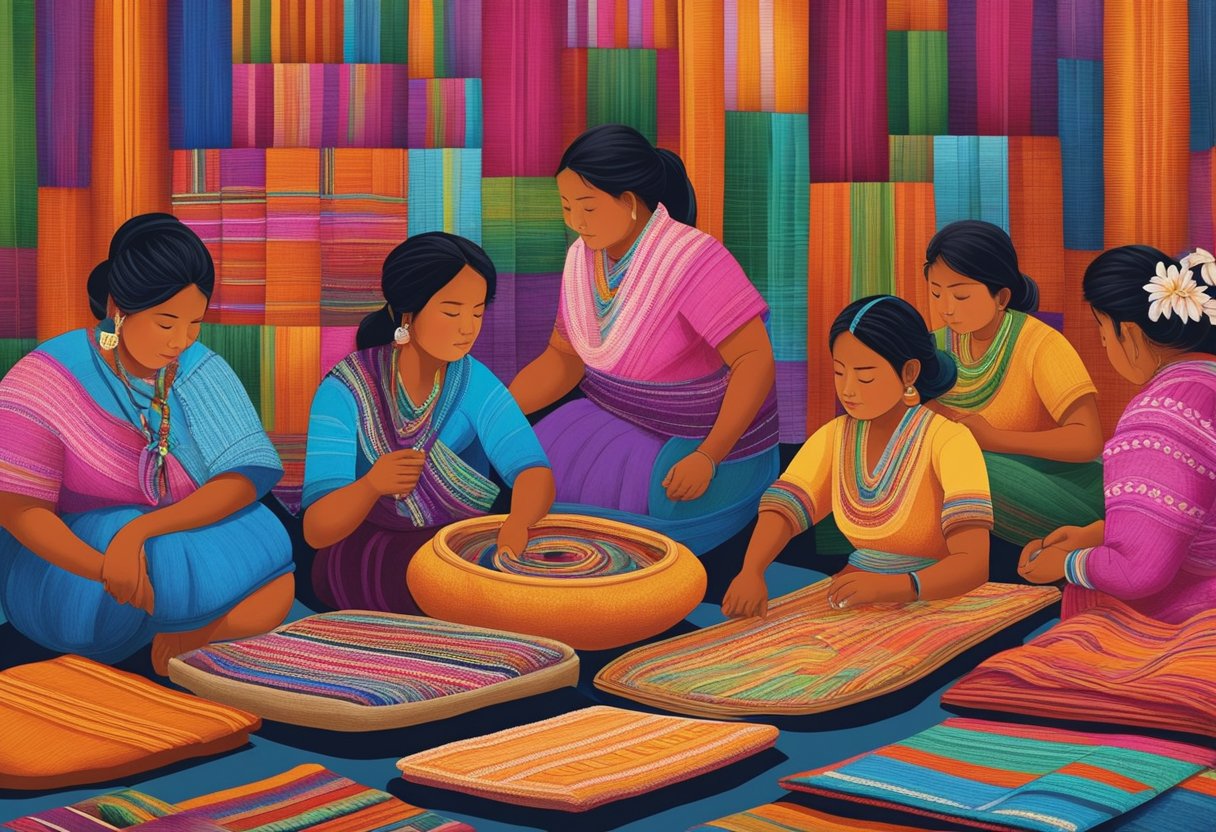 A group of women in Oaxaca carefully weaving intricate patterns into colorful rebozos, while in Chiapas, artisans dyeing and embroidering rebozos with vibrant designs in a bustling marketplace