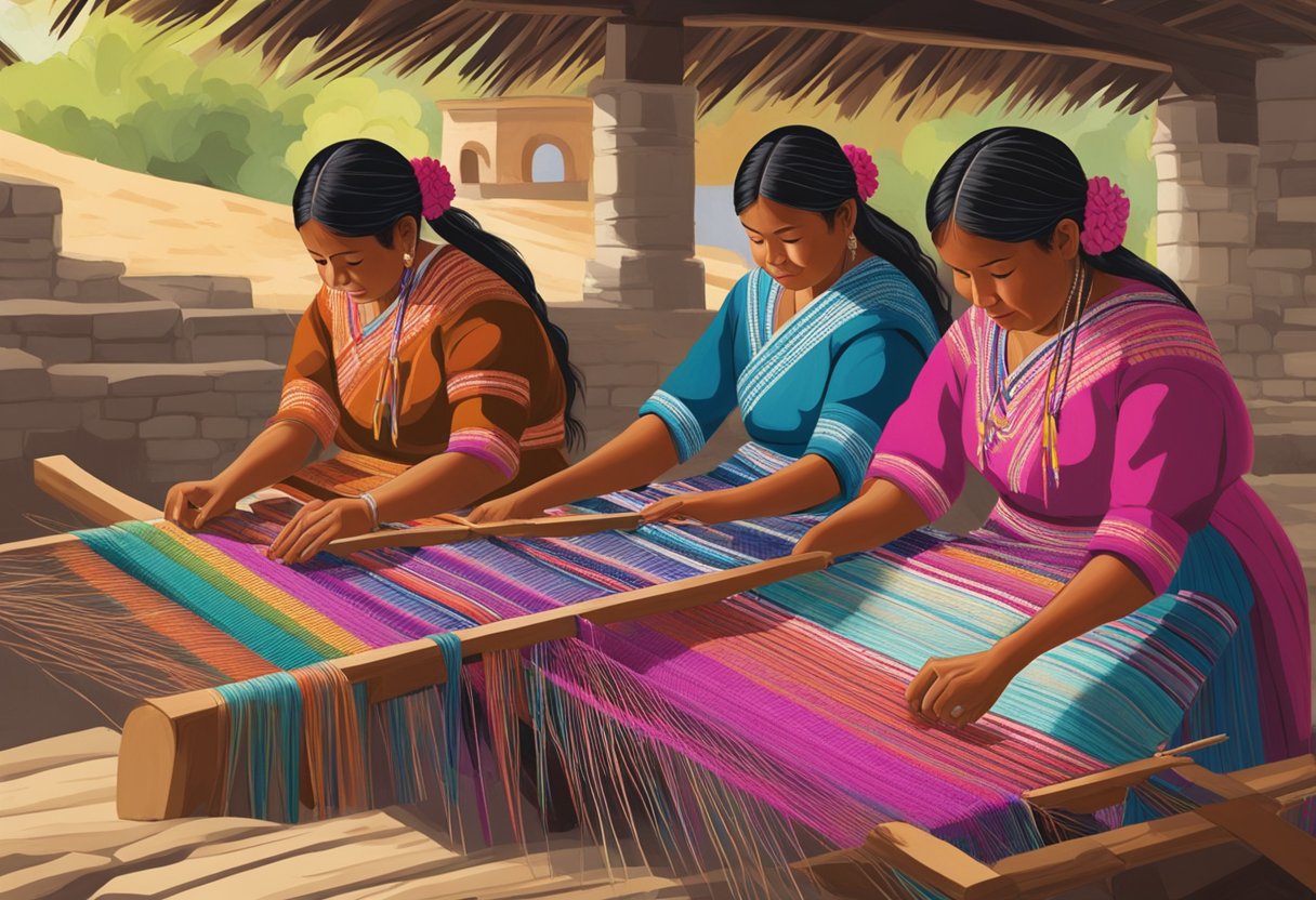 A group of women in Oaxaca and Chiapas are seen weaving colorful rebozos using traditional techniques, each region showcasing distinct patterns and styles