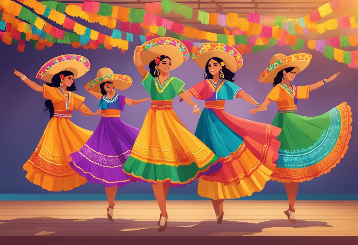 A group of Mexican dancers wearing vibrant rebozos perform traditional dances on a stage adorned with colorful papel picado and marigold flowers