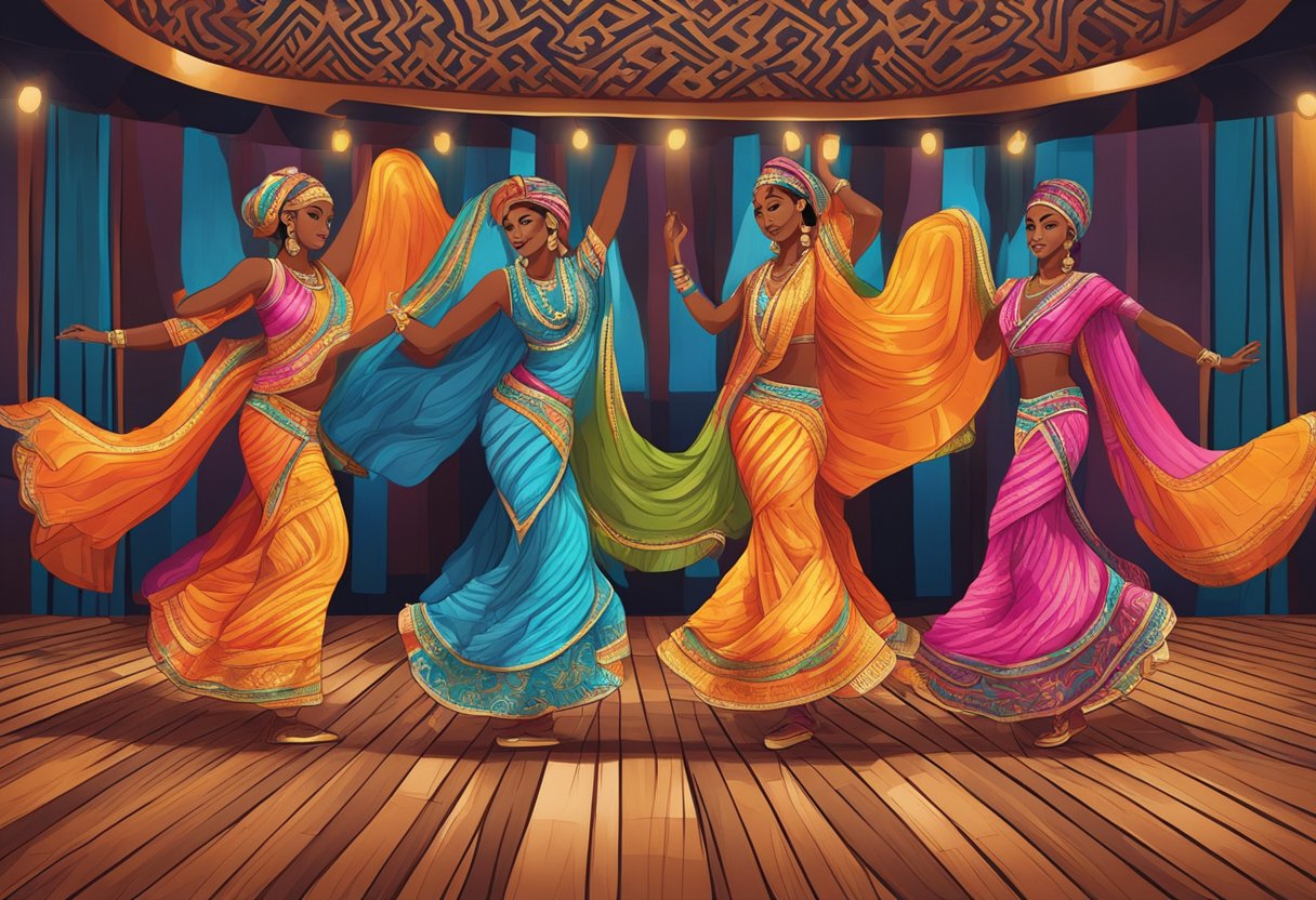 A group of vibrant rebozos are draped over a wooden dance floor, with intricate patterns and bold colors on display