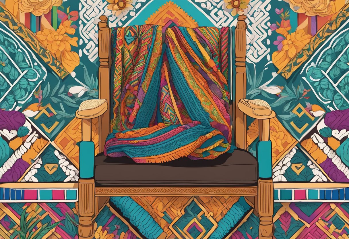 A colorful rebozo draped over a chair, surrounded by traditional Mexican symbols and patterns, representing the transcending of gender norms in Mexico