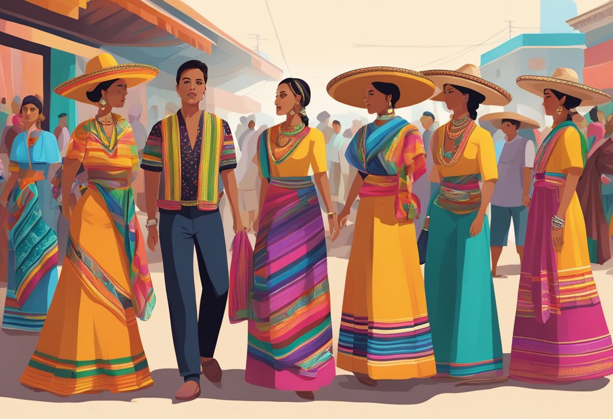 A vibrant market scene with diverse individuals wearing rebozos, showcasing the traditional garment's significance in Mexican culture and its transcendence of gender norms