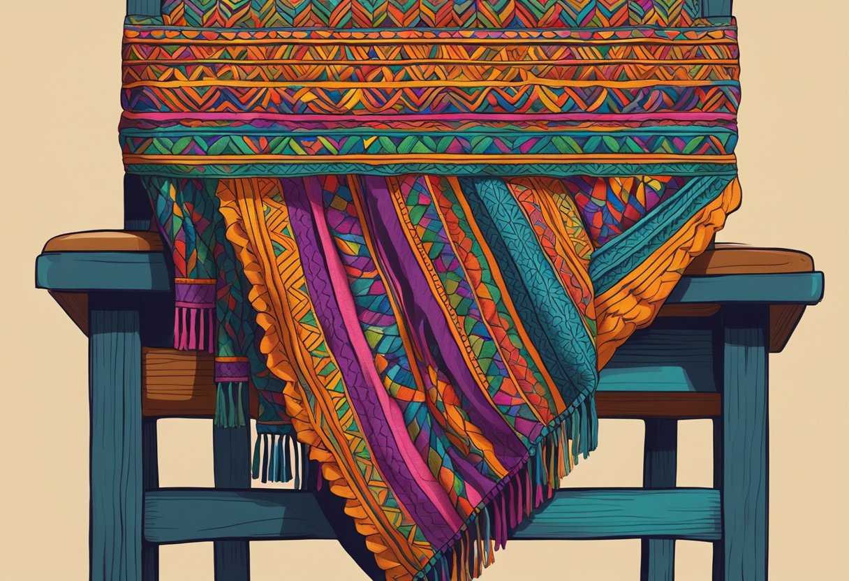 A vibrant rebozo draped over a rustic wooden chair, with intricate patterns and bold colors, symbolizing the transcending of gender norms in Mexican culture