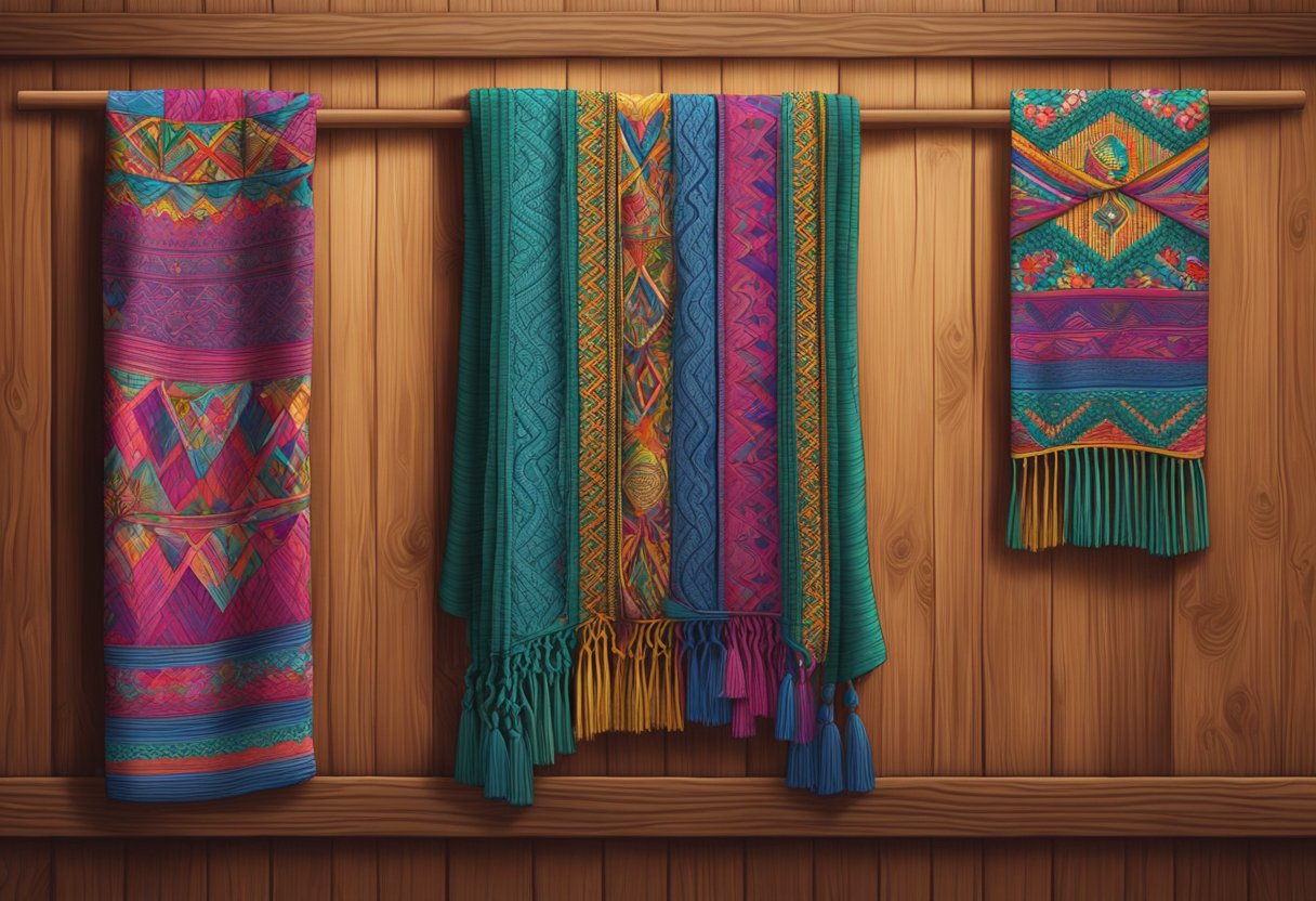 A colorful rebozo hangs on a wooden wall, surrounded by traditional Mexican symbols and patterns