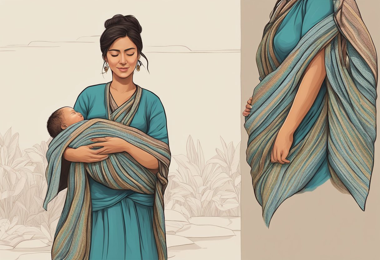 A woman wraps a rebozo around her torso, securing it with a knot. She then places a baby snugly against her chest, using the rebozo as a carrier