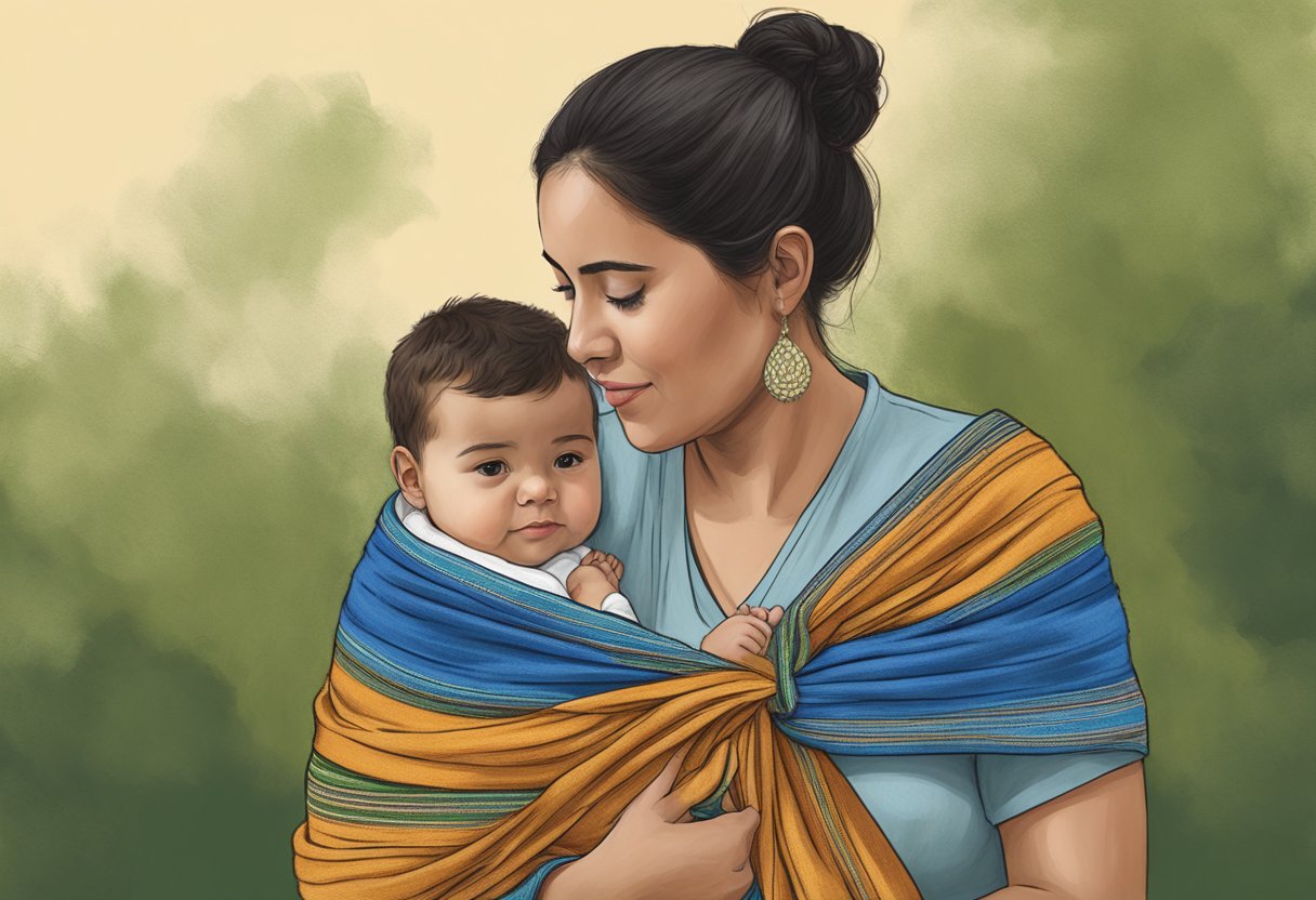 A rebozo draped over a caregiver's shoulder, with one end wrapped around their body and the other end hanging down, ready to secure a baby in a traditional Mexican baby carrier