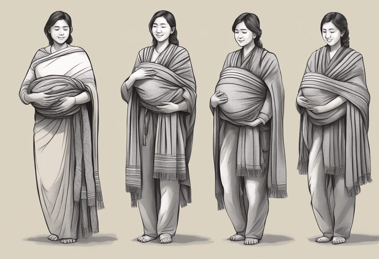 A figure demonstrates various babywearing techniques with a rebozo, using it as a sling, wrap, and carrier in different positions