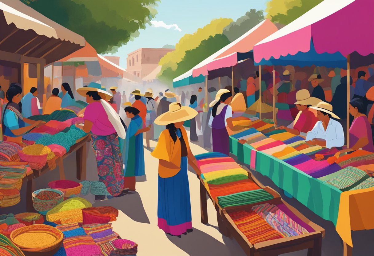 A bustling market in Mexico, with colorful stalls selling authentic rebozos. Vendors display a variety of traditional woven shawls, while customers browse the vibrant selection