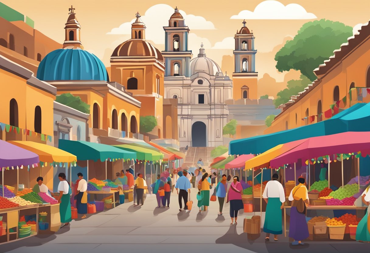 A bustling marketplace in Mexico, with colorful stalls selling authentic rebozos. The backdrop includes historical landmarks and cultural symbols