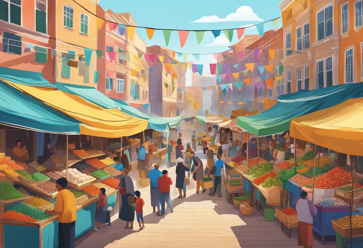 A bustling market stall filled with vibrant rebozos, surrounded by colorful buildings and the sound of vendors calling out to passersby