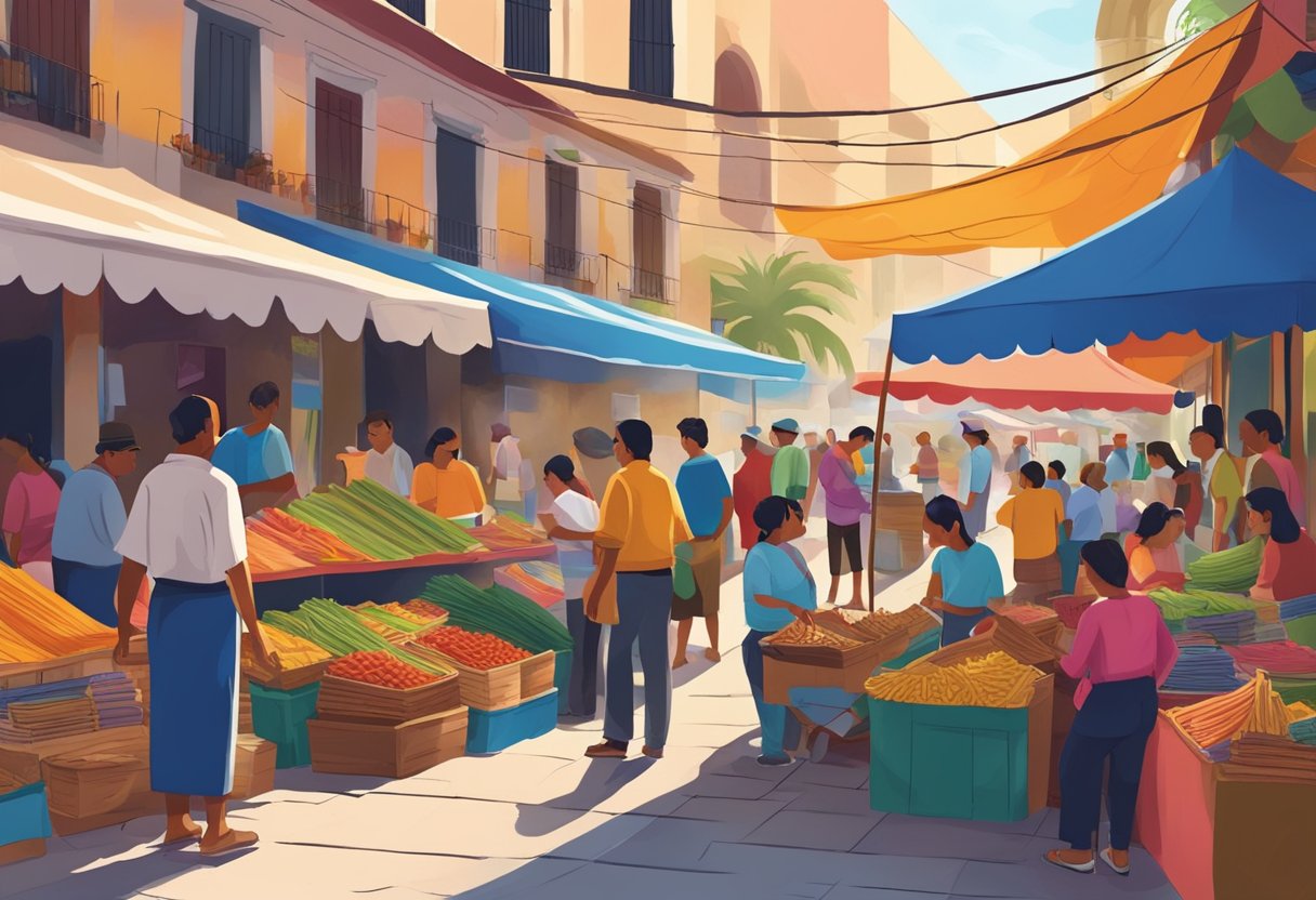 A bustling marketplace in Mexico, with colorful stalls selling traditional rebozos. Customers browse and chat with vendors under the vibrant awnings